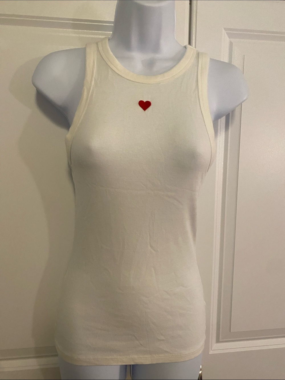 a new day Cream Ribbed Tank with Red Heart Charm